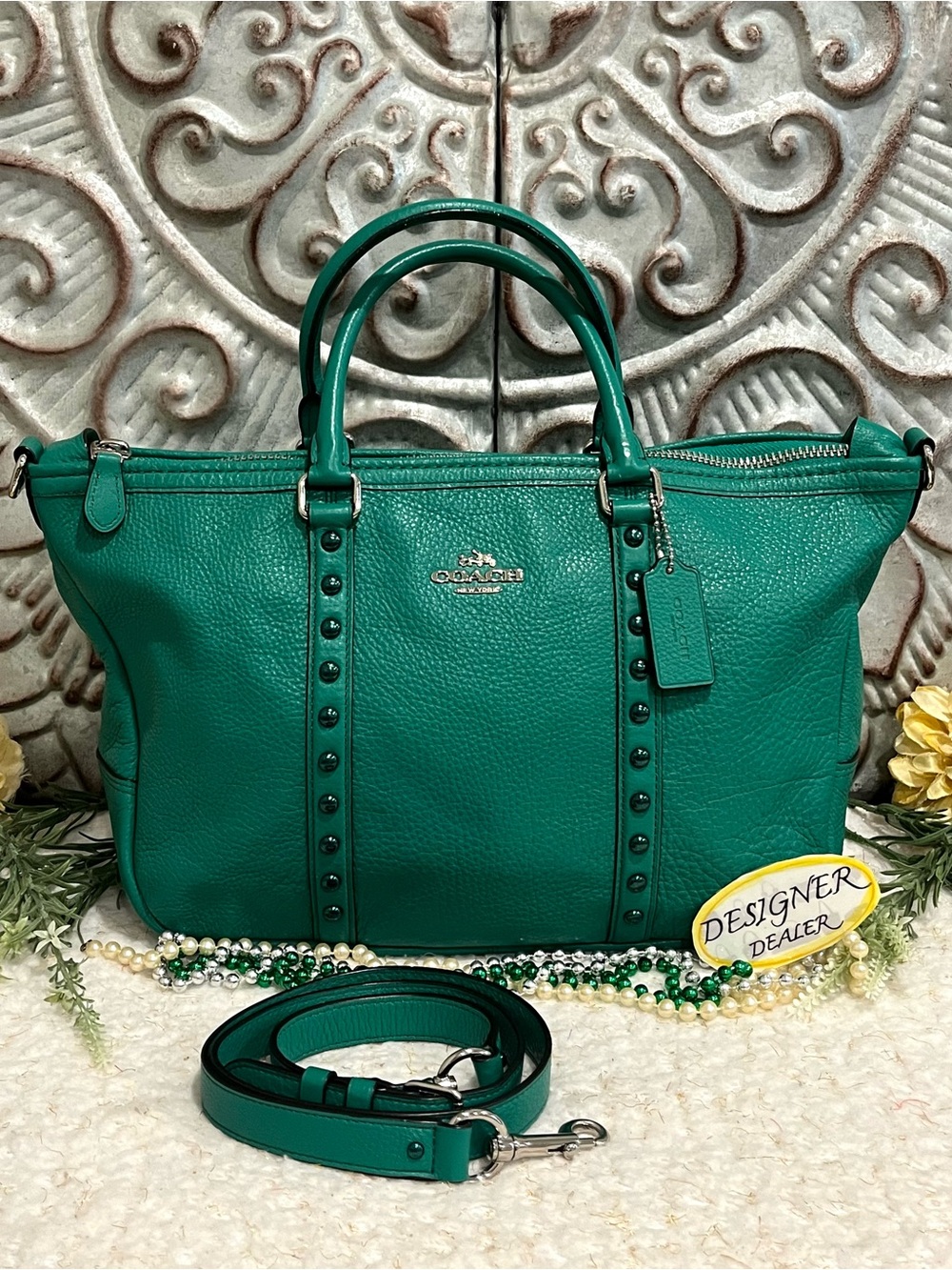 COACH Central Lacquer Enamel Rivet Satchel 57513 Green EUC!